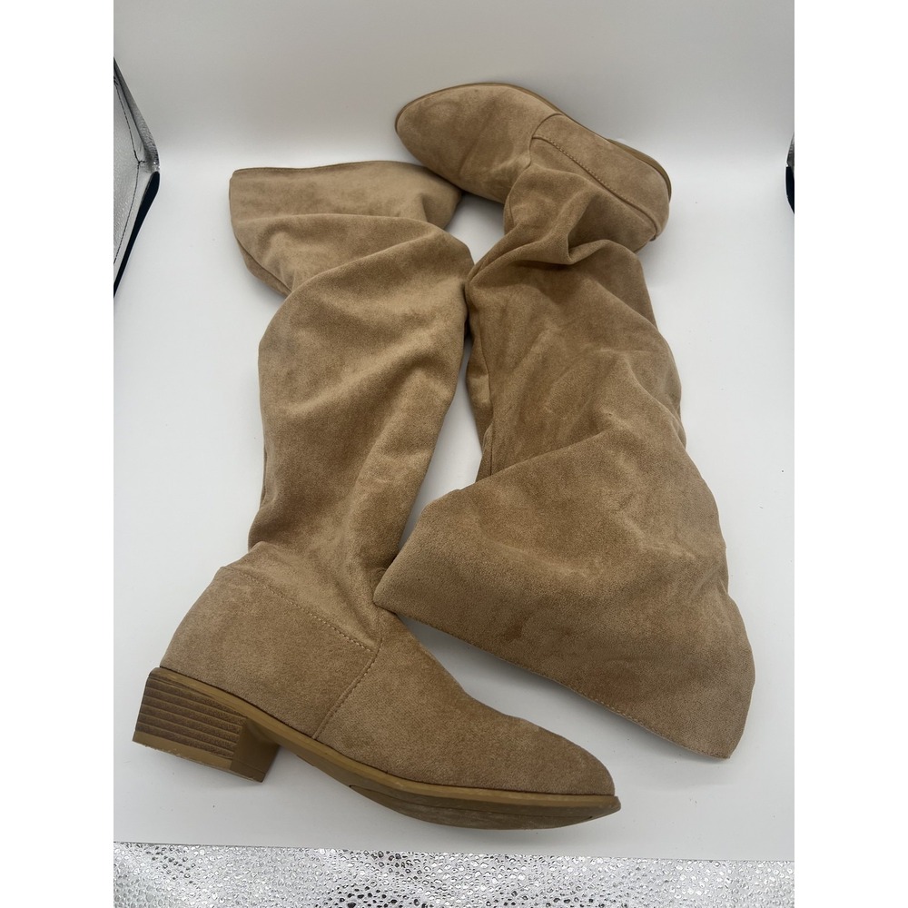Women's‎ Tan Faux Suede Over The Knee Slouchy Boots EU 38 US 7 Low Heel